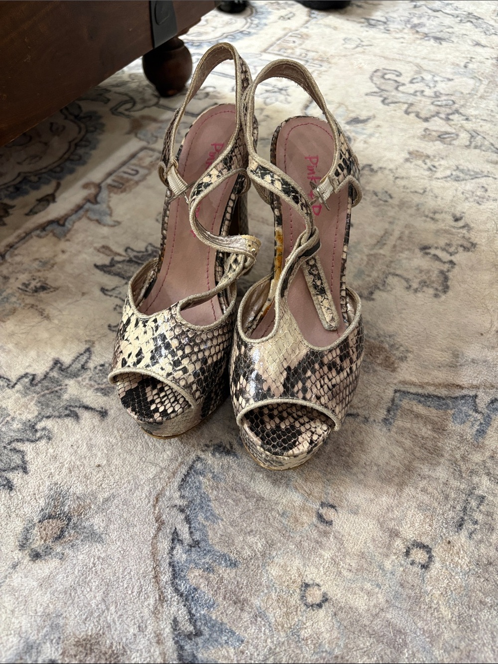 Pink & Pepper Snake-Print Peep-Toe Slingback Heels in Beige and Black
